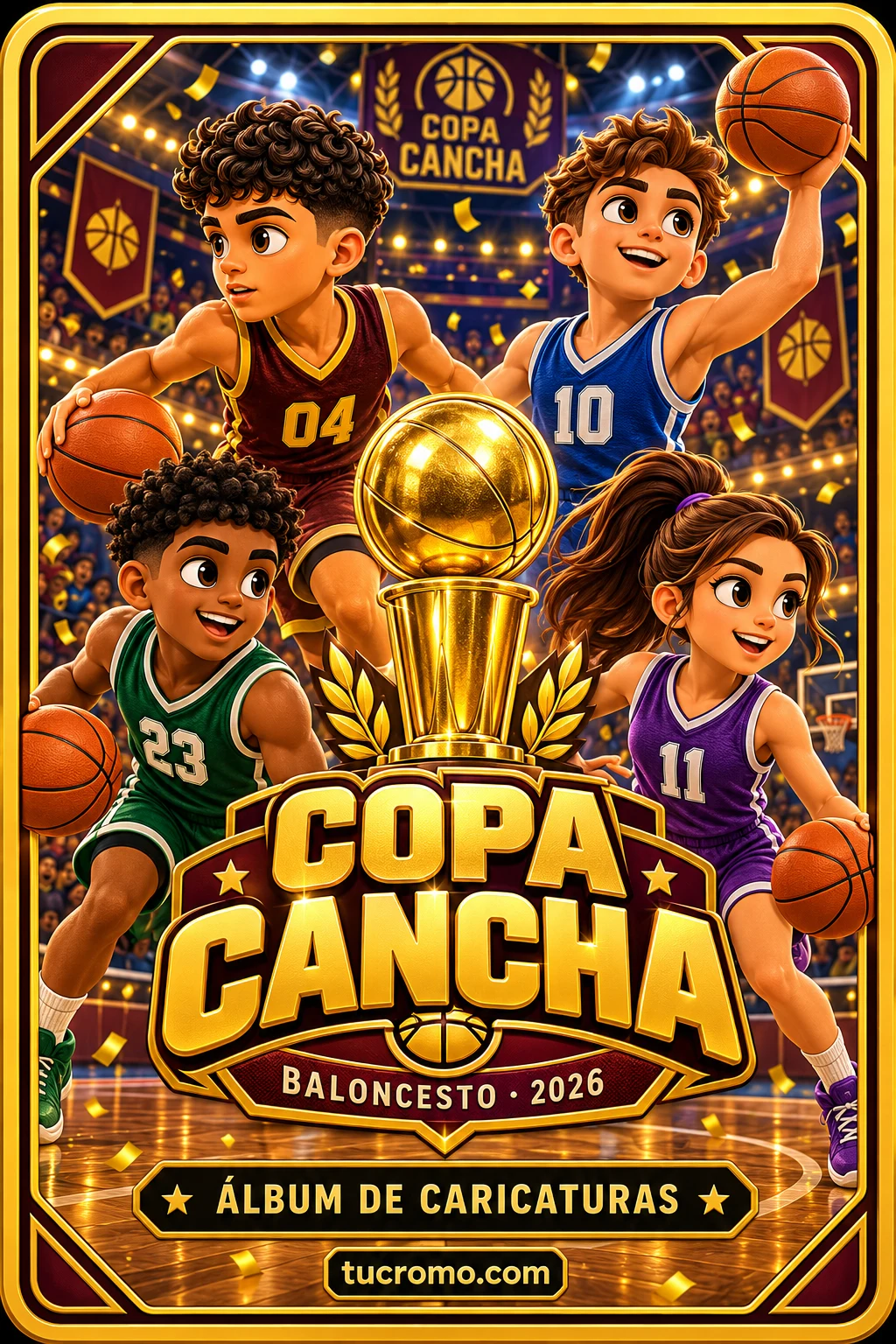 Portada de la Copa Cancha con el trofeo y los cuatro equipos de baloncesto